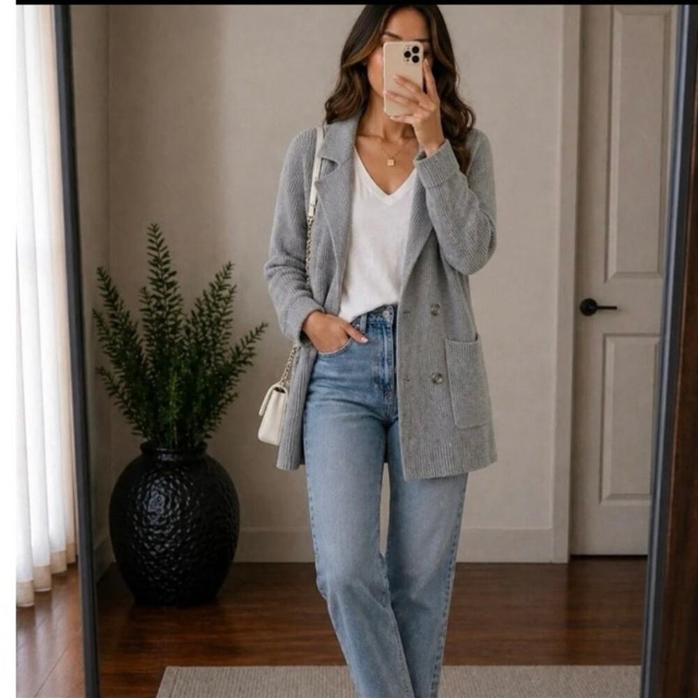 MONROW Gray Double Breasted Sweater Blazer | Quiet Luxury Coastal Preppy M